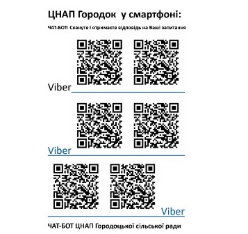 ALT="Зображення з QR-кодами для доступу до чат-бота ЦНАП Городоцької сільської ради у Viber."