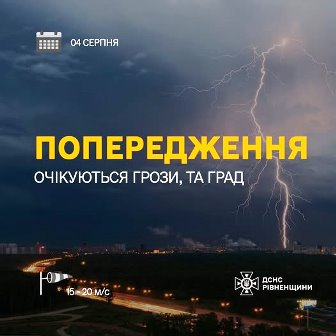На зображенні — темне небо з блискавкою над містом, у нижній частині видно шосе з рухомими авто. Текст повідомляє про попередження на 04 серпня: «Очікуються грози та град». У нижньому лівому куті вказана швидкість вітру 15–20 м/с, у правому — логотип ДСНС Рівненщини.