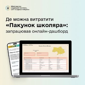 Зображення містить інфографіку від Міністерства соціальної політики України. На ній показано ноутбук та смартфон із відкритими сторінками онлайн-дашборду «Пакунок школяра»