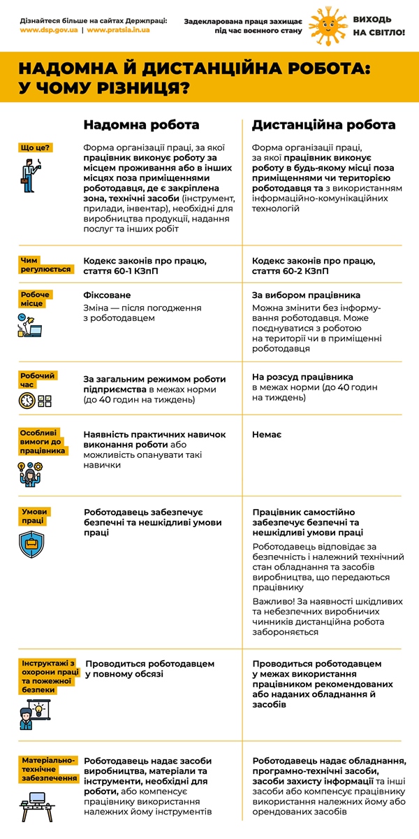 Інфографіка українською мовою з назвою «Надомна й дистанційна робота: у чому різниця?»