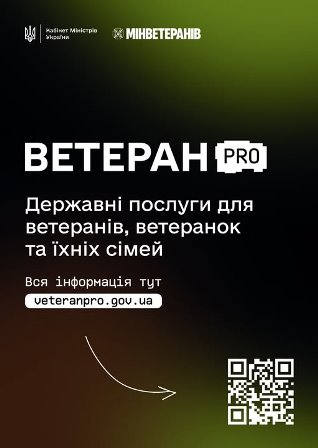 Інформаційний постер на темному фоні з логотипами Кабінету Міністрів України та Міністерства у справах ветеранів угорі. По центру великими білими літерами написано «ВЕТЕРАН PRO».