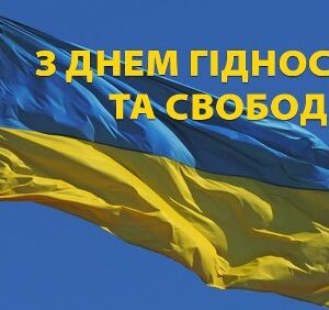 Зображення українського прапора, що майорить на вітрі на фоні чистого синього неба. У верхній частині фото розміщено напис жовтими літерами: «З ДНЕМ ГІДНОСТІ ТА СВОБОДИ!».