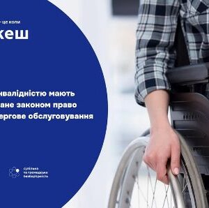 Людина на інвалідному візку; на зображенні розміщено інформаційний напис: «Люди з інвалідністю мають гарантоване законом право на позачергове обслуговування»