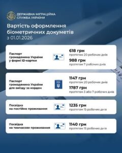 З 1 січня 2026 року ДП Поліграфічний комбінат “Україна” змінено вартість бланків окремих біометричних документів
