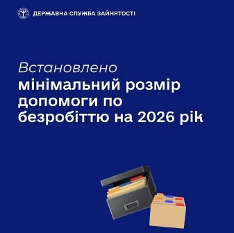 Синій інформаційний банер Державної служби зайнятості України з написом: “Встановлено мінімальний розмір допомоги по безробіттю на 2026 рік”. У нижній частині зображені іконки папки з документами та коробки.
