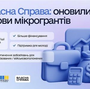 Інформаційний банер «Власна Справа: оновили умови мікрогрантів» з переліком переваг програми: простіші умови, більше фінансування, підтримка для молоді та призупинення зобов’язань для мобілізованих і військовополонених; на зображенні — іконки валізи, графіка зростання та фінансових символів.