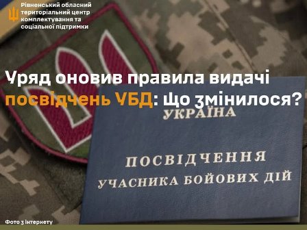 Посвідчення учасника бойових дій України на тлі військової форми та шеврона. На зображенні розміщено інформаційний напис: «Уряд оновив правила видачі посвідчень УБД: що змінилося?» та логотип Рівненського обласного територіального центру комплектування та соціальної підтримки