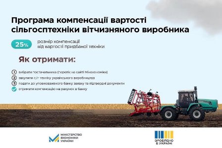 Інформаційний банер про державну програму компенсації вартості сільськогосподарської техніки вітчизняного виробника.