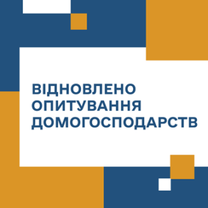 Графічний банер у синьо-жовтих кольорах із геометричними прямокутниками. У центрі на світлому фоні розміщено напис великими літерами: «ВІДНОВЛЕНО ОПИТУВАННЯ ДОМОГОСПОДАРСТВ».