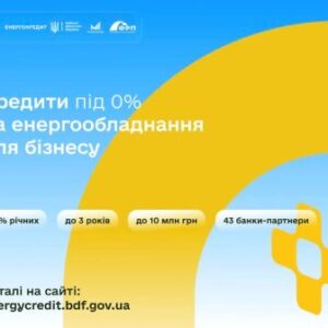 Інформаційний банер про програму кредитування: 0% кредити на енергообладнання для бізнесу — до 3 років, до 10 млн грн, за участі 43 банків-партнерів.