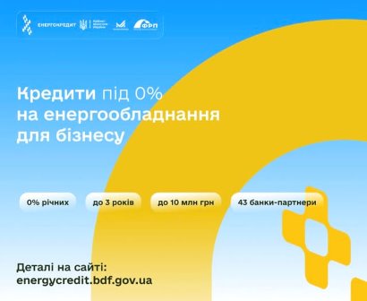 Інформаційний банер про програму кредитування: 0% кредити на енергообладнання для бізнесу — до 3 років, до 10 млн грн, за участі 43 банків-партнерів.