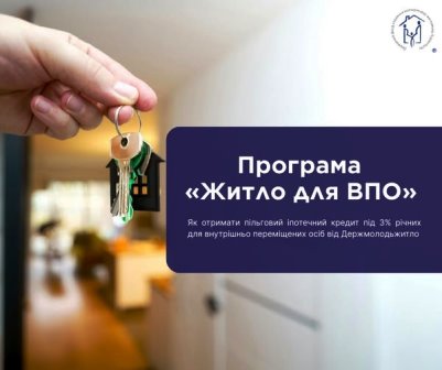 Рука тримає ключі від квартири з брелоком у вигляді будинку на фоні помешкання; інформаційний банер про програму «Житло для ВПО» з пільговою іпотекою під 3%.
