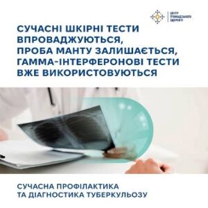 Інформаційний банер із написом про сучасні методи діагностики туберкульозу: шкірні тести впроваджуються, проба Манту залишається, гамма-інтерферонові тести вже використовуються.