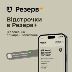 Рекламний банер сервісу «Резерв+» на світлому фоні. Ліворуч розміщено назву «Резерв+» та текст «Відстрочки в Резерв+» із підзаголовком «Відповіді на поширені запитання».