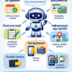Інфографіка про чат-бот ЦНАП із зображенням робота в центрі. Навколо розміщені функції сервісу: запис на прийом, статус документів, консультації, інформація про ЦНАП, нагадування, онлайн-оплата послуг.