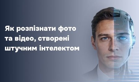 Банер із написом «Як розпізнати фото та відео, створені штучним інтелектом» на синьо-сірому фоні. Праворуч зображене обличчя чоловіка, наполовину стилізоване під робота з елементами цифрового інтерфейсу.