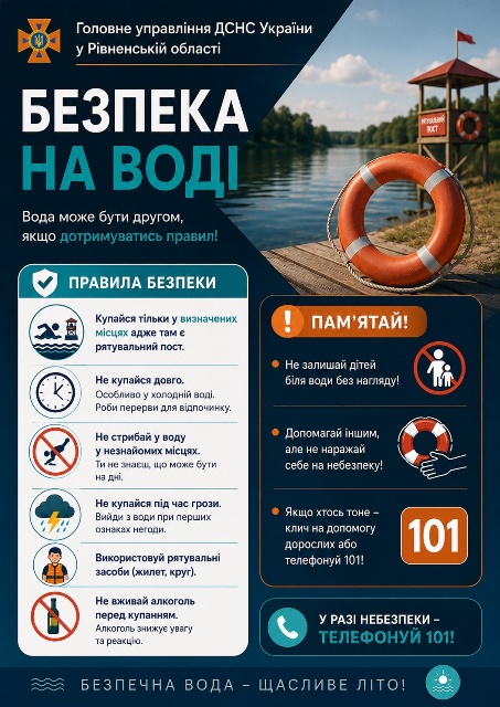 Інформаційний банер від Головного управління ДСНС України у Рівненській області із написом «Безпека на воді».