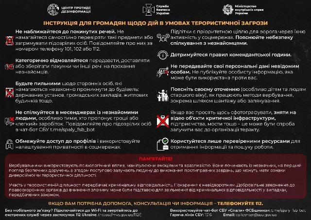 Інфографіка від Центру протидії дезінформації, СБУ та МВС України з інструкцією для громадян щодо дій в умовах терористичної загрози та правилами безпечної поведінки.