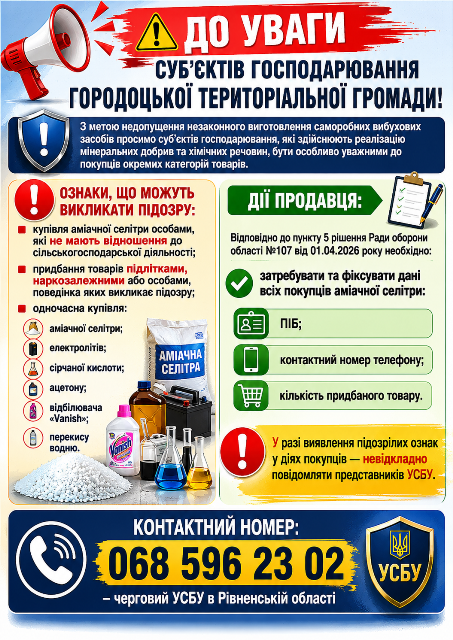 Інформаційний плакат із попередженням для суб’єктів господарювання Городоцької територіальної громади щодо продажу аміачної селітри та інших хімічних речовин.