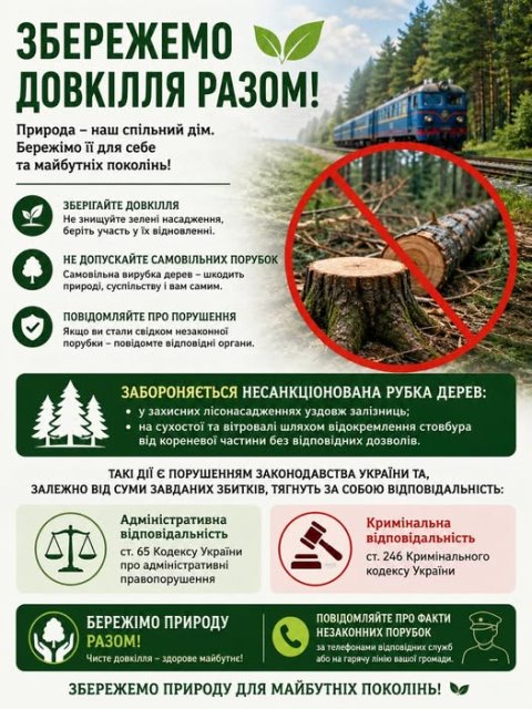 Інформаційний банер із закликом берегти довкілля та запобігати незаконній вирубці лісів.