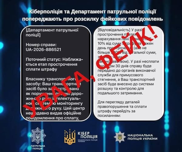 Інформаційний банер Кіберполіції України та Департаменту патрульної поліції із попередженням про фейкові повідомлення щодо штрафів за порушення ПДР.