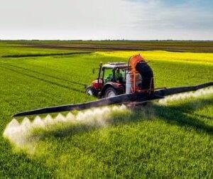 Трактор із широкозахватним обприскувачем проводить обробку посівів на великому зеленому полі.