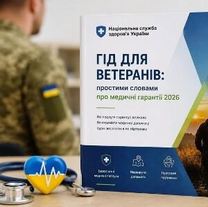 На передньому плані на столі розміщені стетоскоп і синьо-жовте серце з кардіограмою. Поруч стоїть інформаційний буклет Національної служби здоров’я України «Гід для ветеранів: простими словами про медичні гарантії 2026».
