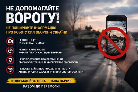 Інформаційний плакат українською мовою із закликом не допомагати ворогу поширенням військової інформації. Ліворуч великий напис: «НЕ ДОПОМАГАЙТЕ ВОРОГУ!».