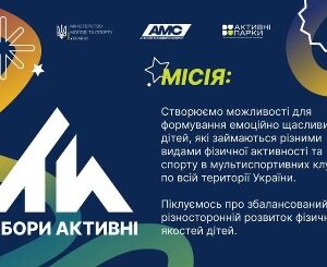 Інформаційний банер про дитячі табори «АкТИвні» на темно-синьому фоні з яскравими різнокольоровими хвилястими елементами та декоративними зірками