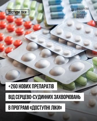 Упаковки таблеток у блістерах різних кольорів на інформаційному зображенні про програму «Доступні ліки».