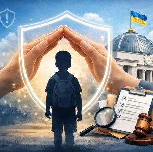 Ілюстрація на тему захисту прав дітей. У центрі зображений силует дитини з рюкзаком, над якою дві руки утворюють захисний жест у формі даху, оточений світлим контуром щита.