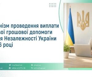 Інформаційний банер Пенсійного фонду України про механізм проведення виплати разової грошової допомоги до Дня Незалежності України у 2026 році.