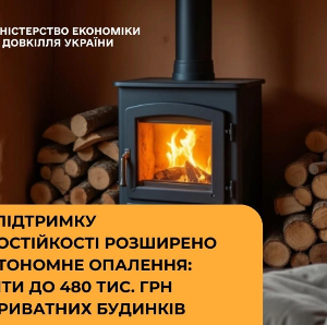 Інформаційний банер Міністерства економіки та довкілля України про розширення державної підтримки енергоефективності на автономне опалення: кредити до 480 тисяч гривень для приватних будинків.