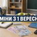 На столі зображені шкільні підручники, зошит, канцелярське приладдя, калькулятор і українські гривні. На тлі — шкільна дошка та електронний пристрій. Поверх зображення розміщено напис: «Зміни з 1 вересня»