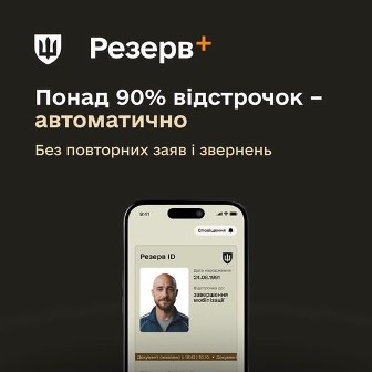 Рекламний банер застосунку «Резерв+» на темному тлі з написом «Понад 90% відстрочок — автоматично